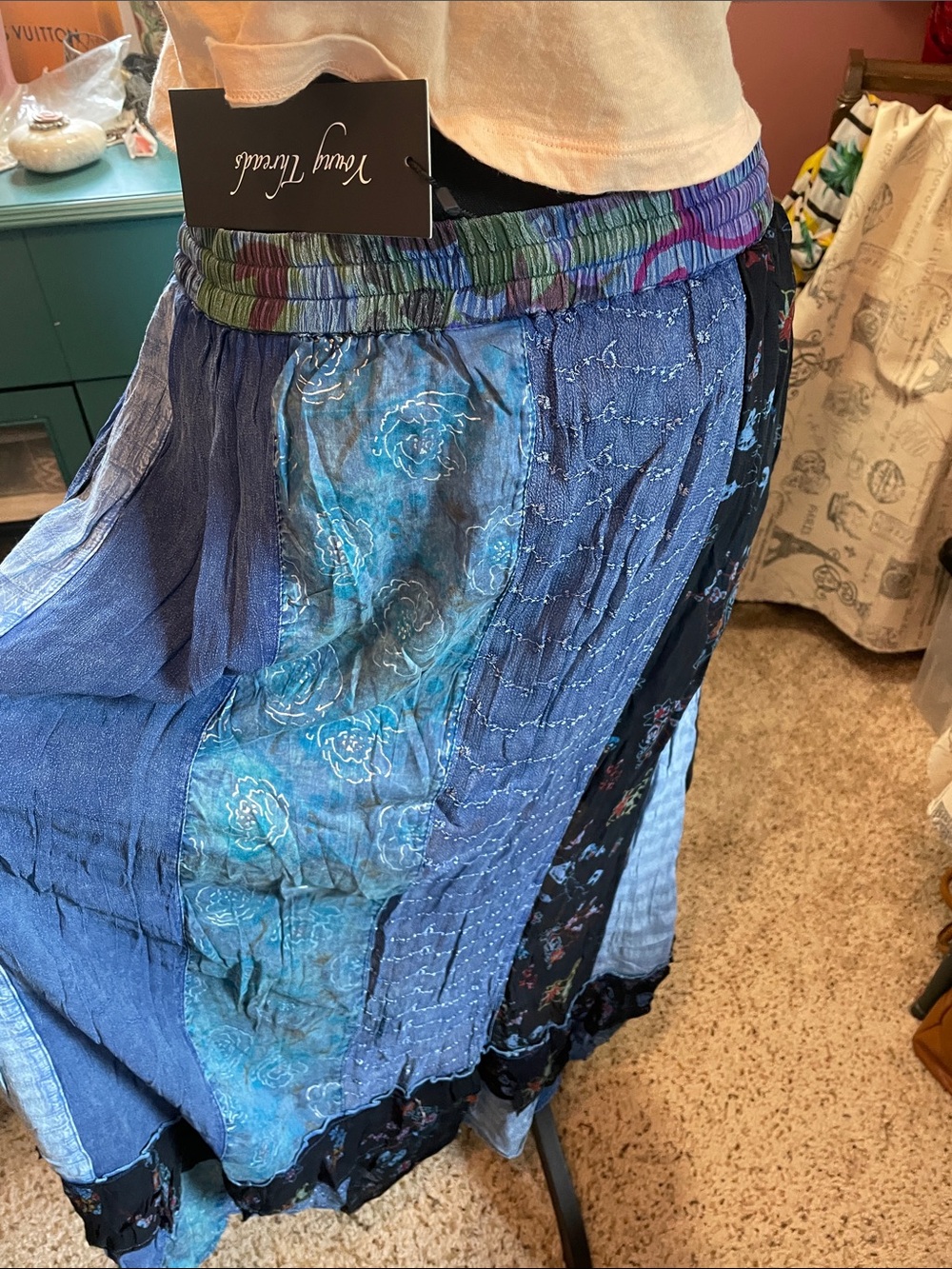 Boho Blue Patchwork Midi Skirt with Drawstring Waist Young Threads XL - Picture 7 of 16